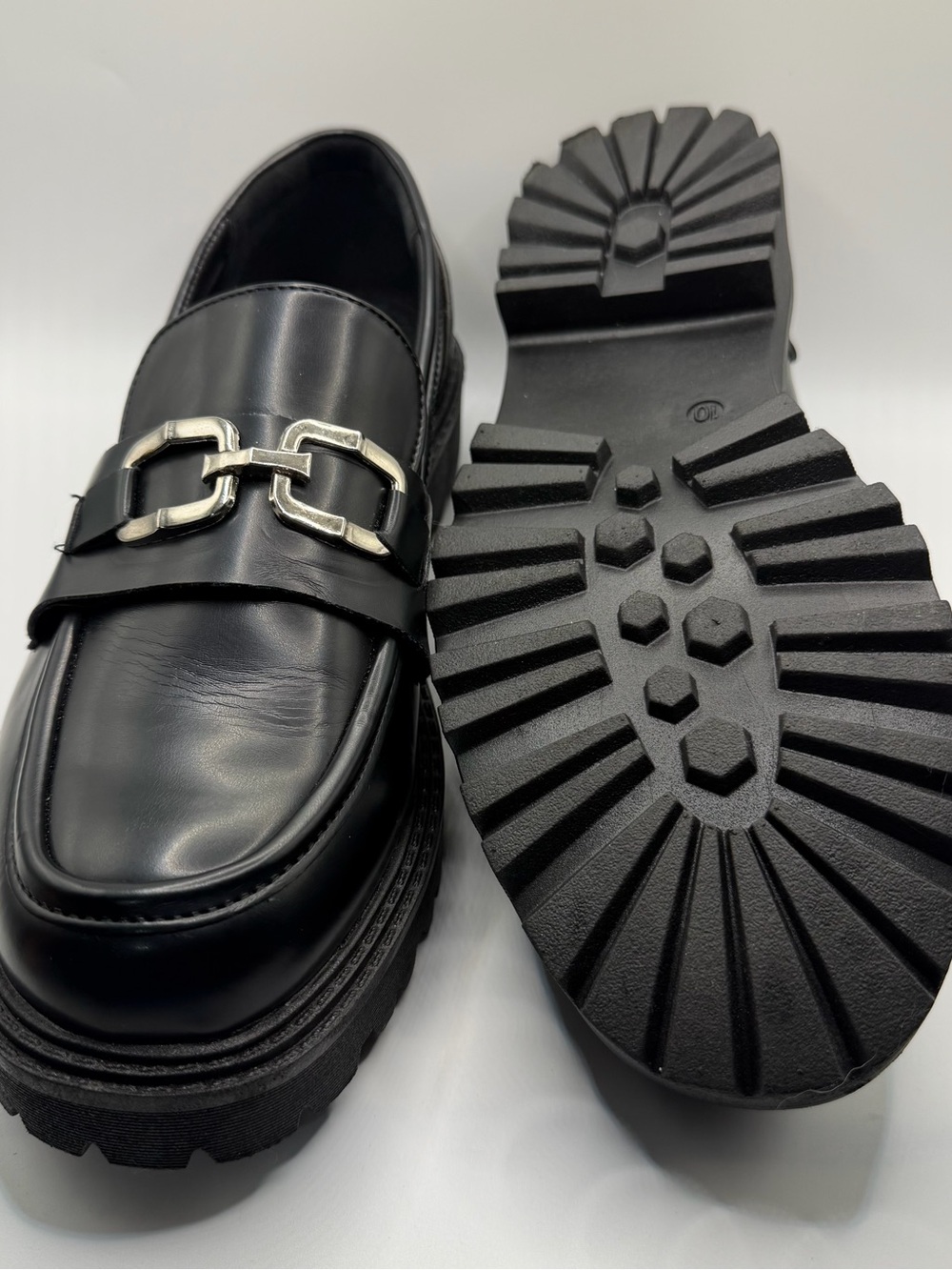 Women's Black Faux Leather Lug Sole Loafers with Silver Bit - Picture 4 of 9